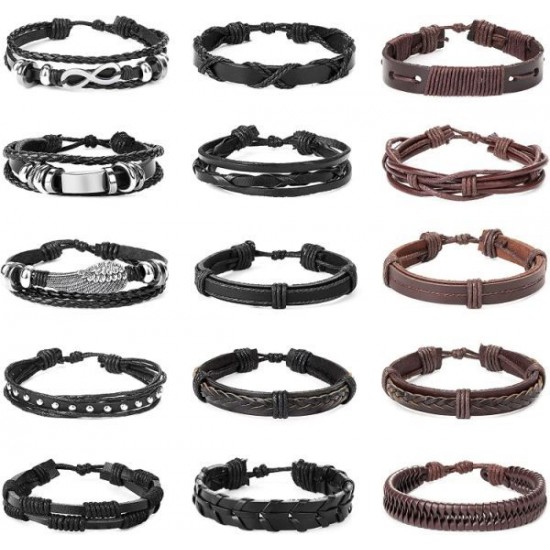 15pcs Braided Leather Bracelet For Men Women Cuff Wrap Bracelet Ethnic Tribal Bracelets Adjustable And Brown 15pcs Braided Leather Bracelet For Men Women Cuff Wrap Bracelet Ethnic Tribal Bracelets Adjustable And Brown